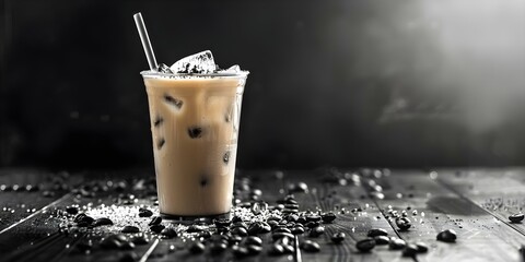 Wall Mural - Monochrome image of iced coffee with copy space for creative banner. Concept Product Photography, Monochrome Theme, Coffee Styling, Creative Banner Design, Copy Space