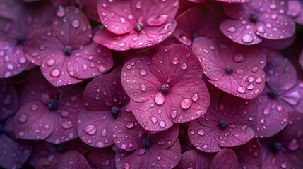Wall Mural -   A close-up image of multiple purple flowers, adorned with droplets of water on their petals and leaves