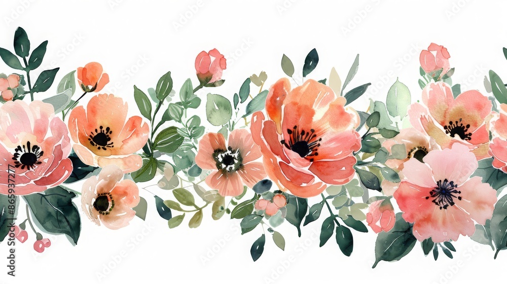 Watercolor floral arrangement border with pink flowers and green leaves ...