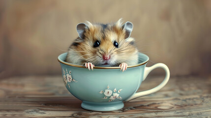 a hamster with black eyes and a pink nose sits in a blue cup on a wooden table, with a white handle visible in the background