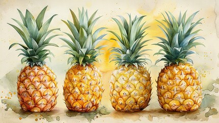 Wall Mural -  Three pineapples aligned in a row on yellow-green background with central yellow spot