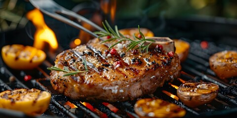 Wall Mural - Grilled pork chop with fire in background ideal for picnic party scenes. Concept Food Photography, Outdoor Cooking, BBQ Inspiration, Picnic Party Ideas