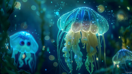 jellyfish in the water under a blue sky