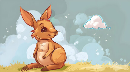 Wall Mural - a brown rabbit sits in the grass, gazing up at the sky, with a white and blue wall in the background
