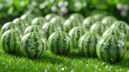 Wall Mural -   A cluster of emerald watermelon spheres rests on top of a verdant grass-covered meadow with droplets of dew