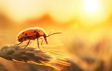 Close-up of a beetle on wheat at sunrise, bathed in golden light. A stunning depiction of nature's beauty and the quiet moments of dawn.