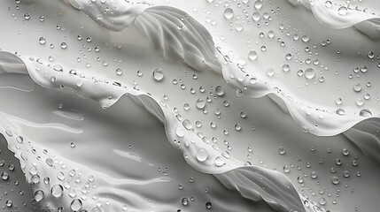   A white and gray design on a surface with water drops on its surface, captured in a close-up