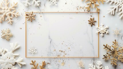 Snowflakes in a square frame with golden texture on a white background