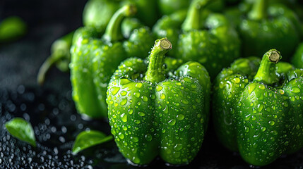 Wall Mural -   A green pepper group on a black tablecloth with raindrops
