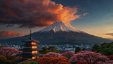 A Majestic Fuji Mountain Its Towering Snowcapped Peak Rising Against A Vivid Sunset Sky