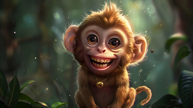 a smiling monkey with brown eyes, a pink nose, and white teeth, wearing a gold necklace, is captured in a close - up shot the monkey's ears are also visible