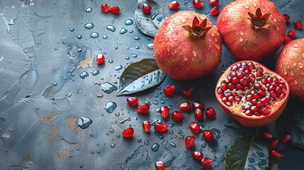 Wall Mural -   Group of pomegranates on wet table with drops and leaves