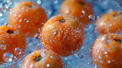 Wall Mural -   A group of oranges rests atop a blue table with raindrops falling from above