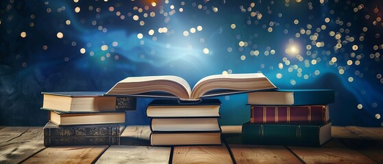Wall Mural - open book on table with stacks of books and magical sparkling lights, fantasy and knowledge