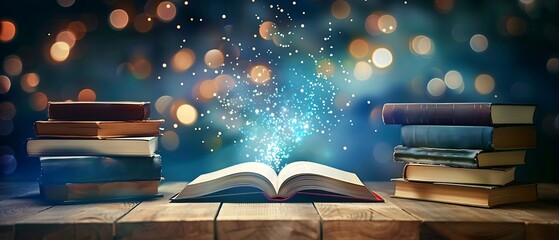 Wall Mural - open book on table with stacks of books and magical sparkling lights, fantasy and knowledge