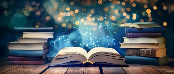 Wall Mural - open book on table with stacks of books and magical sparkling lights, fantasy and knowledge