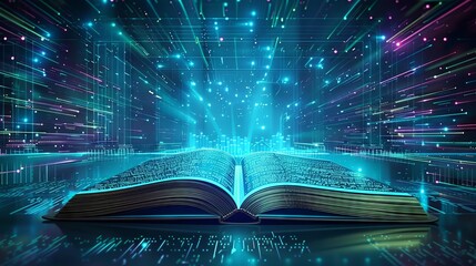 Wall Mural - Open book with glowing virtual data streams, representing digital education, technology, and knowledge transfer in a futuristic setting.