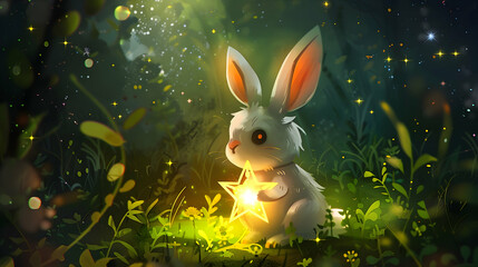 Wall Mural - a white rabbit with an orange eye sits in the grass, gazing at the stars in the night sky