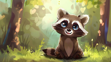 Wall Mural - a raccoon with blue eyes and a black nose sits in the grass, its white ear visible in the foreground