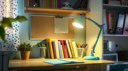 Clean study space with a bulletin board, neatly arranged books, and a bright desk lamp