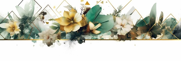 Wall Mural - Abstract luxury floral watercolor banner with elegance element and splashes. Golden line with green and gold flower decorated and line arrangement with white background. Elegant design concept. AIG35.