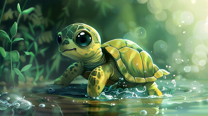 Wall Mural - a yellow turtle with a black eye swims in a body of water surrounded by green plants