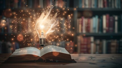 Wall Mural - open book with glowing light bulb and neural patterns, cozy dim library, creativity and knowledge