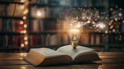 Wall Mural - open book with glowing light bulb and neural patterns, cozy dim library, creativity and knowledge