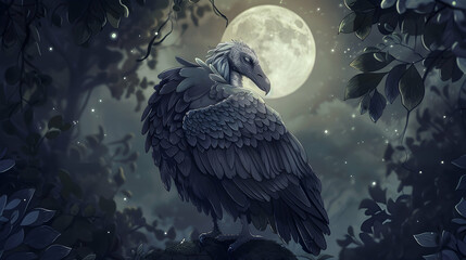 a gray bird perches on a tree branch under a full moon, its black beak contrasting against the green foliage