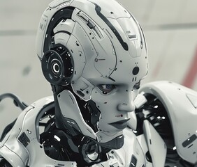 Poster - A close up of a robot with white and black paint on it. AI.