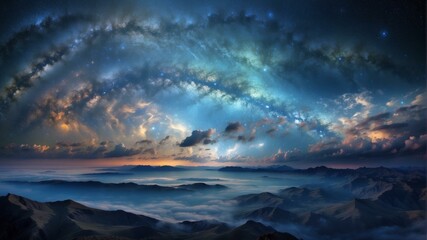 Poster - A beautiful view of the milky and clouds above a mountain range. AI.