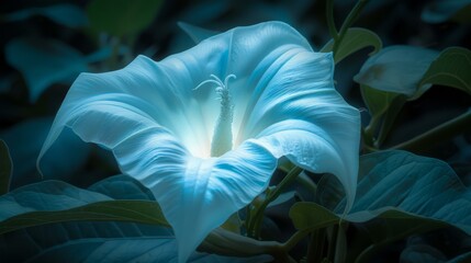 Poster - A close up of a white flower with green leaves. AI.