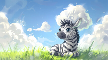 Wall Mural - a cartoon zebra sits in the grass under a blue sky, with a white flower in the foreground and a blue eye visible in the background