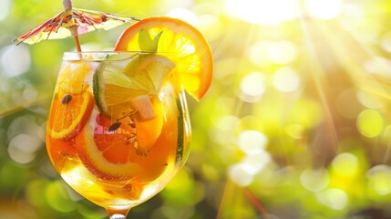 Poster - A glass of a drink with orange slices, lemon and lime. AI.