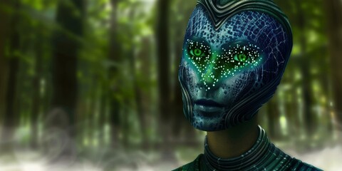 Wall Mural - a close up of a blue alien with green eyes in the woods. ai.