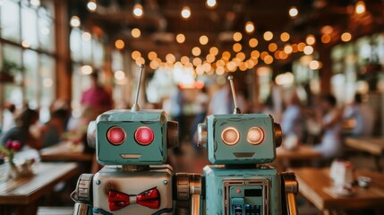 Sticker - Two robots standing in a restaurant with people sitting at tables. AI.