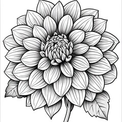 Wall Mural - Black and white line art drawing of dahlia flower, perfect for coloring pages or tattoo design