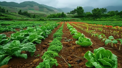 Rows of lettuce and kale in a farm field