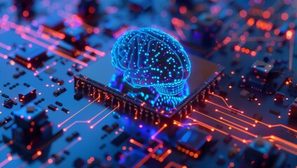 Poster - A computer chip with a blue glowing brain on top. AI.