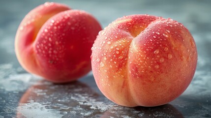 Sticker - Two peaches with water droplets on them sit next to each other. AI.