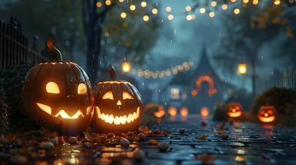 a spooky halloween scene featuring two orange pumpkins and a lit lantern on a wet ground, with a black fence in the background