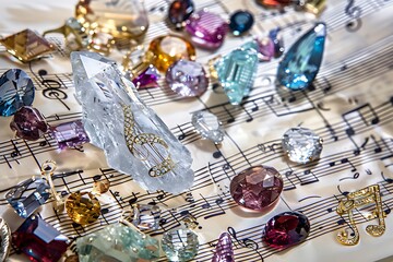 A musical score where the notes are made of various precious stones