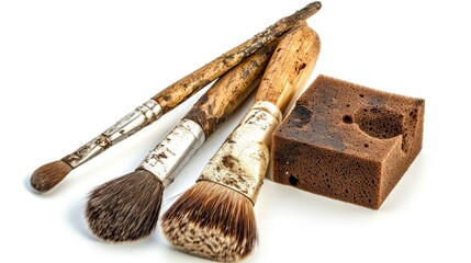 Poster - Old and dirty sponge and makeup brushes against a white isolated background