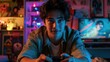 © photolas - Excited Gamer Playing Video Games in a Neon-Lit Room at Night