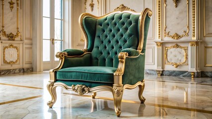 Wall Mural - Opulent high-back velvet armchair with gilded legs and intricately carved wooden accents on a plush cream-colored marble floor.