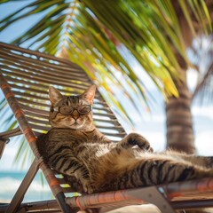 Wall Mural - A cat with glasses is lying on a chaise longue under a palm tree on the beach. The concept of rest, vacations. A bright sunny day.