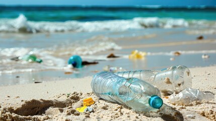 Beach littered with plastic bottles and bags, coastal pollution, environmental concern