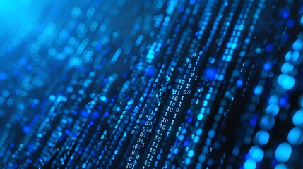 Digital information technology concept with a wide illustration of random binary data code and elements.