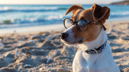 Wall Mural - A cute dog lies and enjoys in the sand of the beach. The concept of leisure and travel. Tourist destinations.