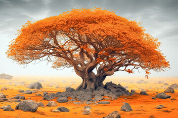 Wall Mural - A large tree with orange leaves stands in a field of rocks